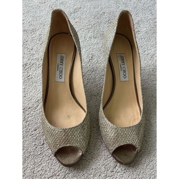 EUC Jimmy Choo Isabel Champagne Glitter Peep-Toe Pumps, Sz 39, $795 - Picture 3 of 11